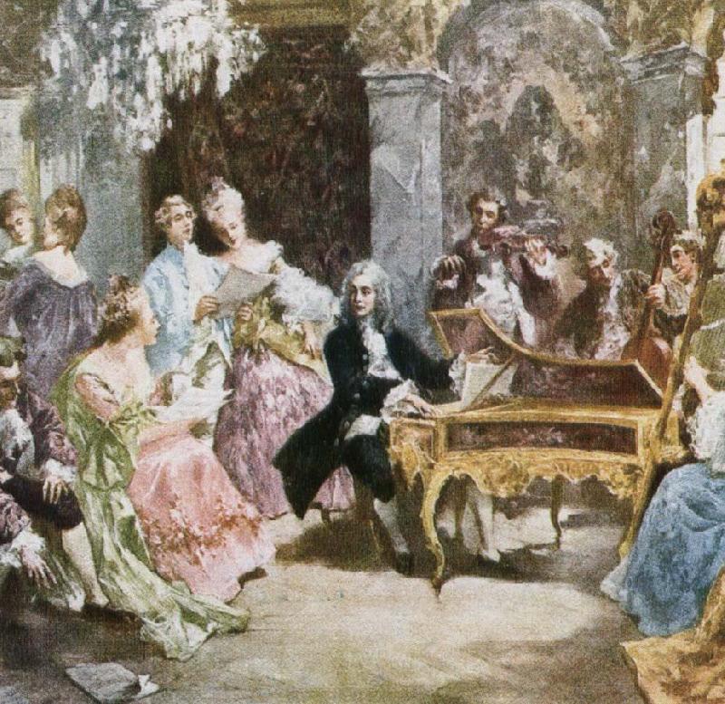 wolfgang amadeus mozart a romantic impression depicting handel making music at the keyboard with his friends. Germany oil painting art